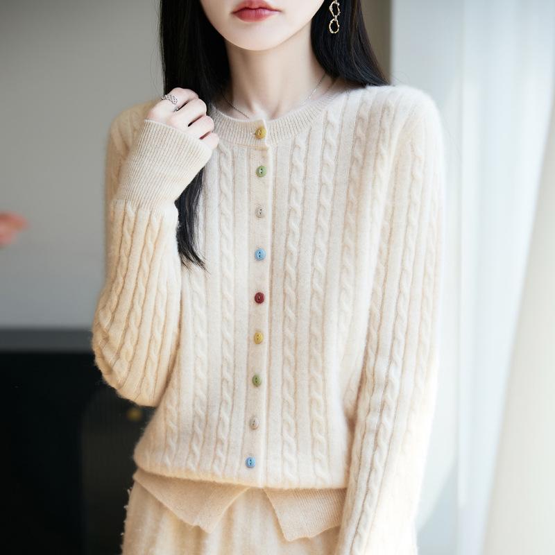 Autumn And Winter New Wool Cardigan Women'S Round Neck Loose Coat Colored Button Knitted Cashmere Sweater Versatile Women'S Top