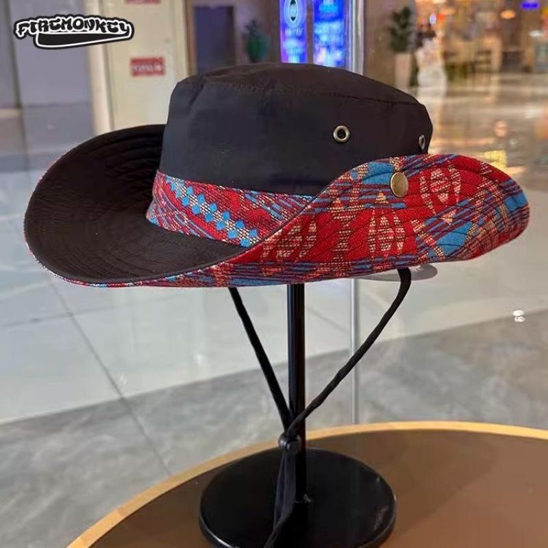 New Retro Mountaineering Hat Ethnic Style Outdoor Large Brim Sun Hat Sun Protection Summer Sun Cover Fisherman Hat Children