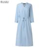 ZANZEA Women Casual V-Neck Solid Color 3/4 Sleeve Dress