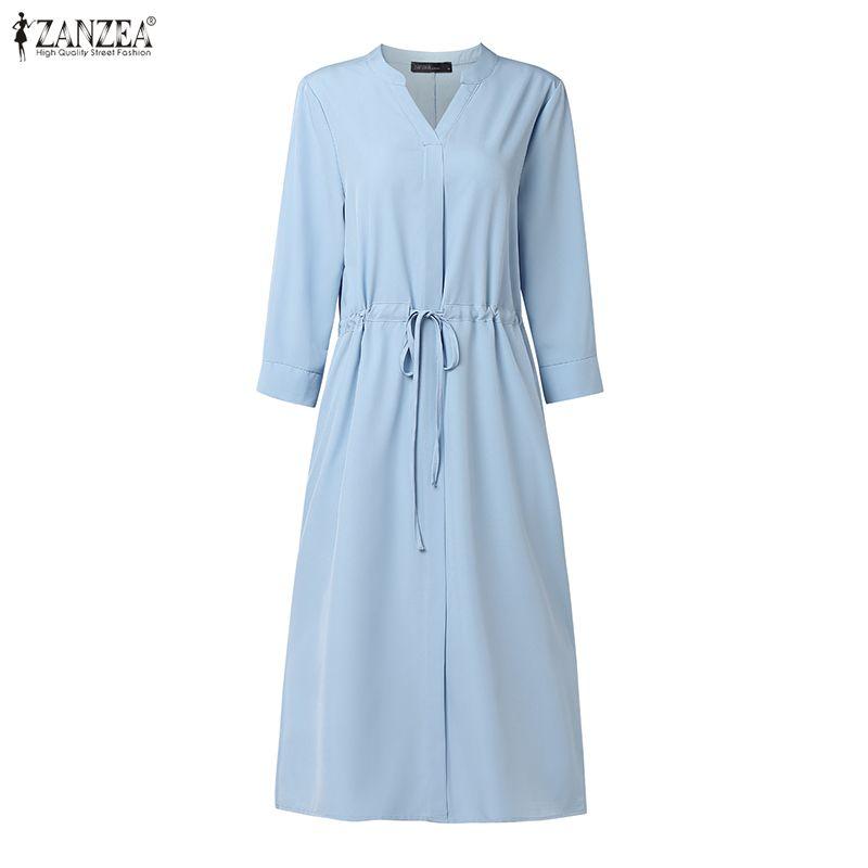ZANZEA Women Casual V-Neck Solid Color 3/4 Sleeve Dress