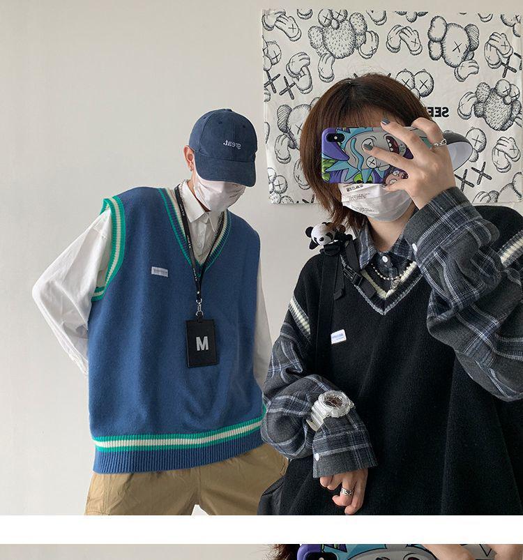 Couple's Trendy Sleeveless V-Neck Sweater: School-Inspired Hong Kong Style Knit for Summer