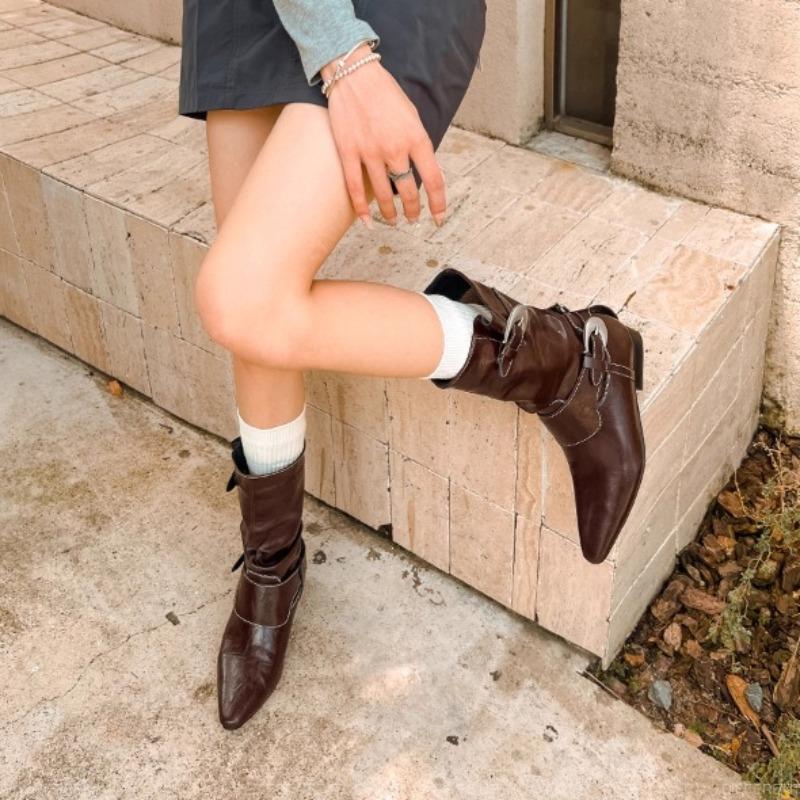 Fashion 2025 New Style Luxury Pleated Buckle Knight Boots for Women Autumn Leather Mid Calf Boots Woman Slip-On Thick Heel Riding Boots