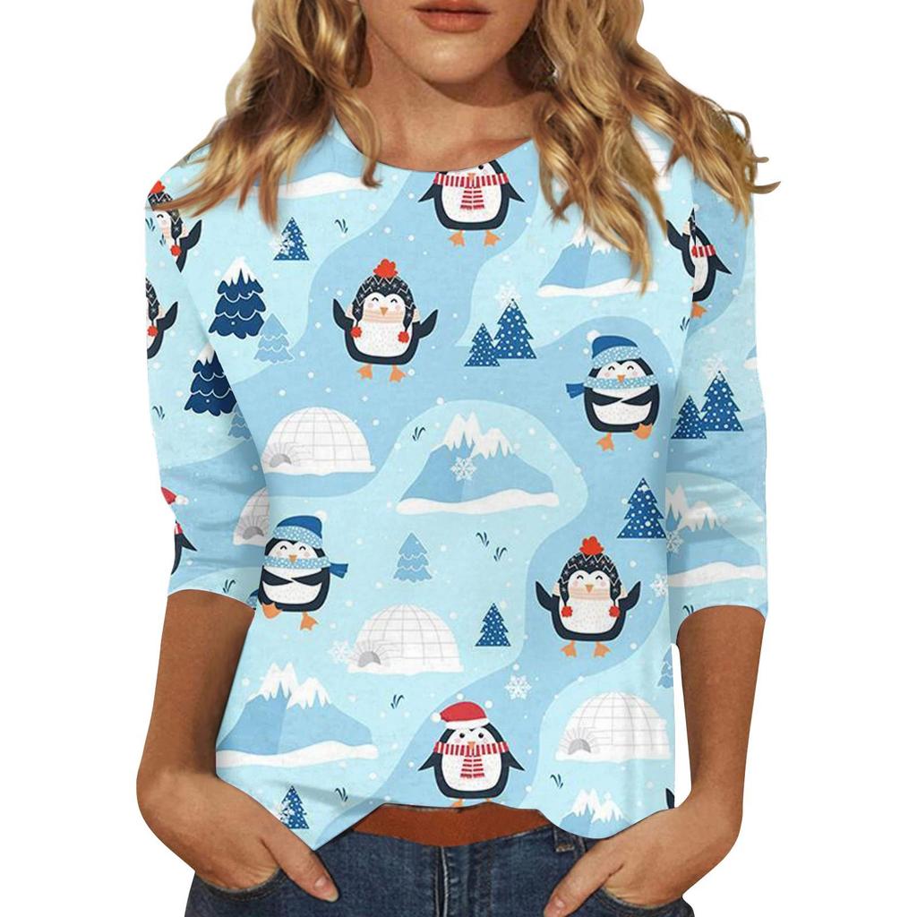 Spring and Autumn Round Neck Christmas Themed Pattern 3D Printed Top Fashionable Casual Long Sleeved Women's T-shirts
