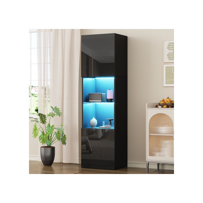 Vitrine - MUVOE - Noir Brillant - 1 étagère en verre - Éclairage LED - 160 cm