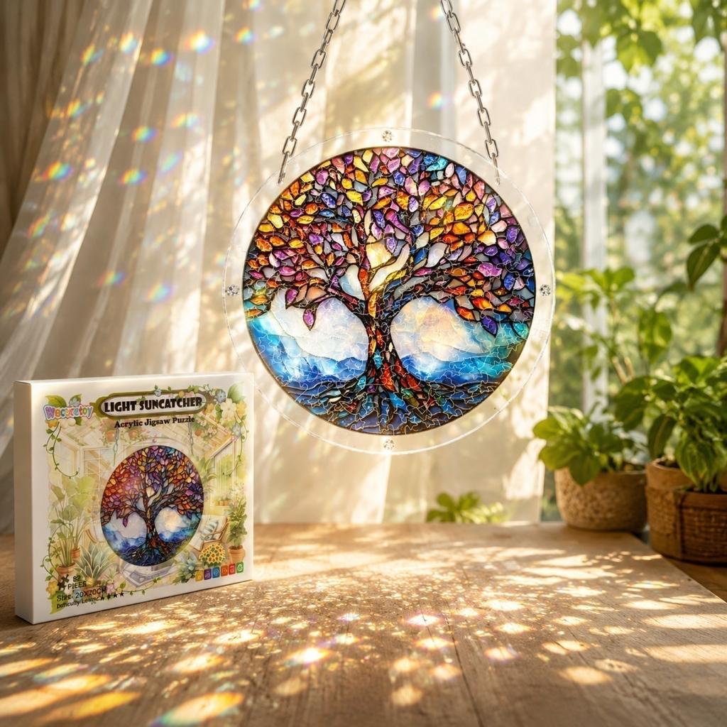 Round Tree of Life Hanging Window Decoration Acrylic Puzzle Sun Catcher Garden Ornament with Chain for Indoor Outdoor Display