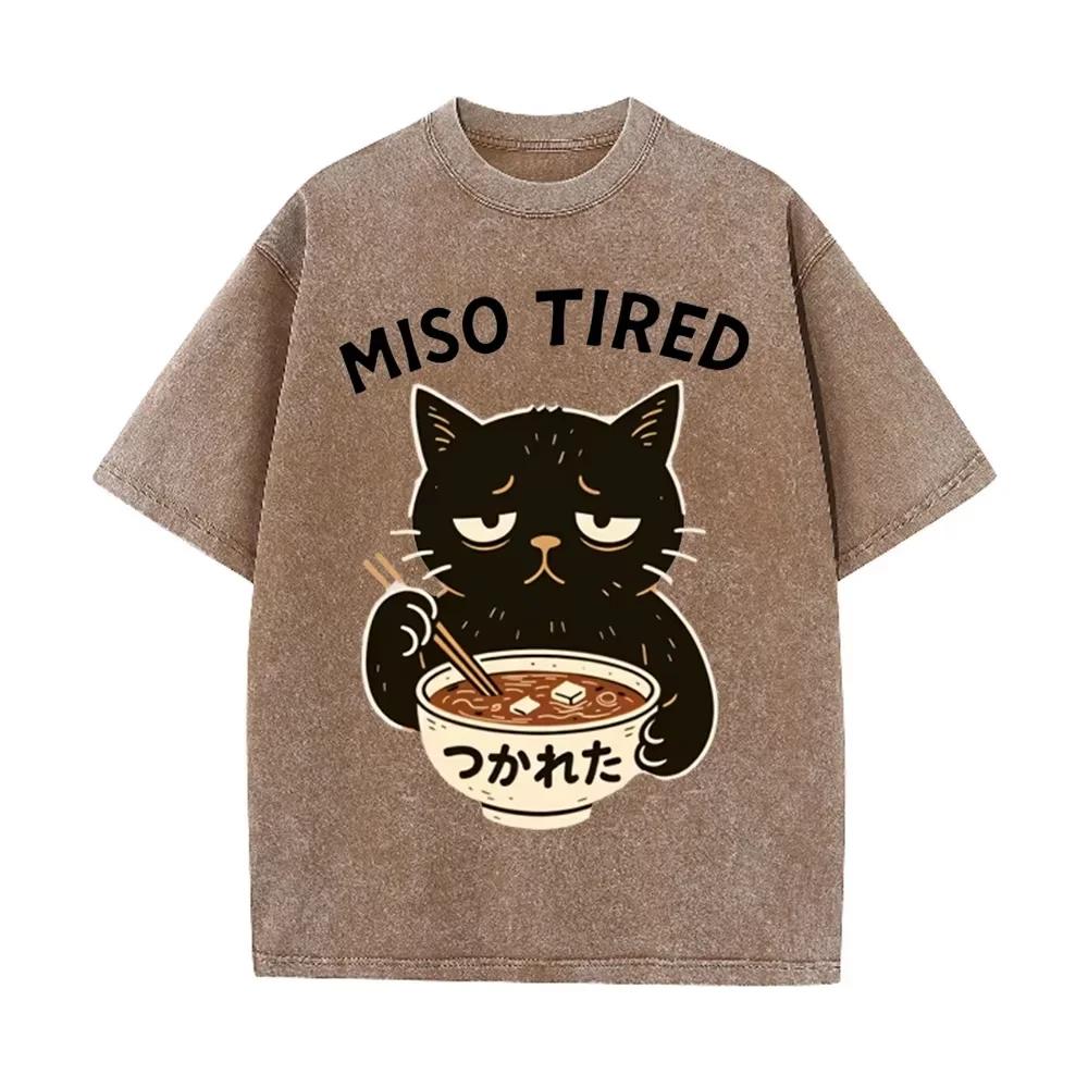 Vintage Washed Purple "Miso Tired" Black Cat Miso Soup Casual T Shirt