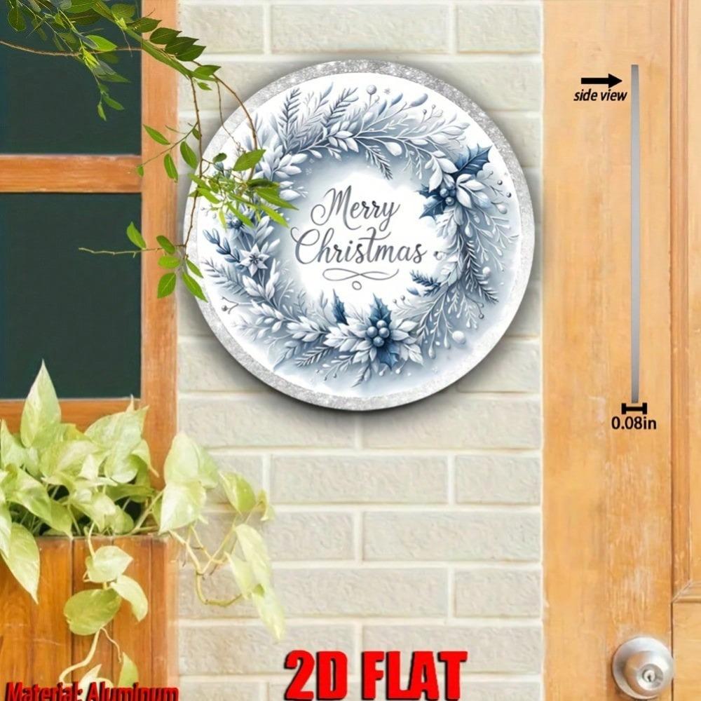Elegant Blue White Christmas Wreath Floral Sign Round Aluminum Wall Art Holiday Home Porch Outdoor Gift