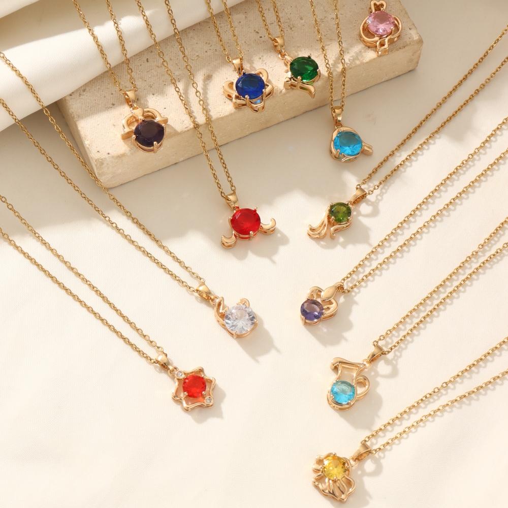 Fashion 12 Constellations Zirconia Pendant Necklaces for Women Sparkling Golden Stainless Steel Necklace Jewelry