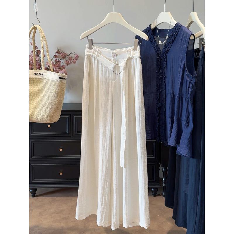 

White cotton and linen pants women s summer thin new ice silk wide leg drape strap high waist casual mopping trousers skirt S белый