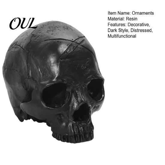 Thick Texture Skull Decor Resin Ornament, Dark Style Halloween Prop, Sturdy Ornament Durable Teaching Model, Matte Black Anatomy Model Retro
