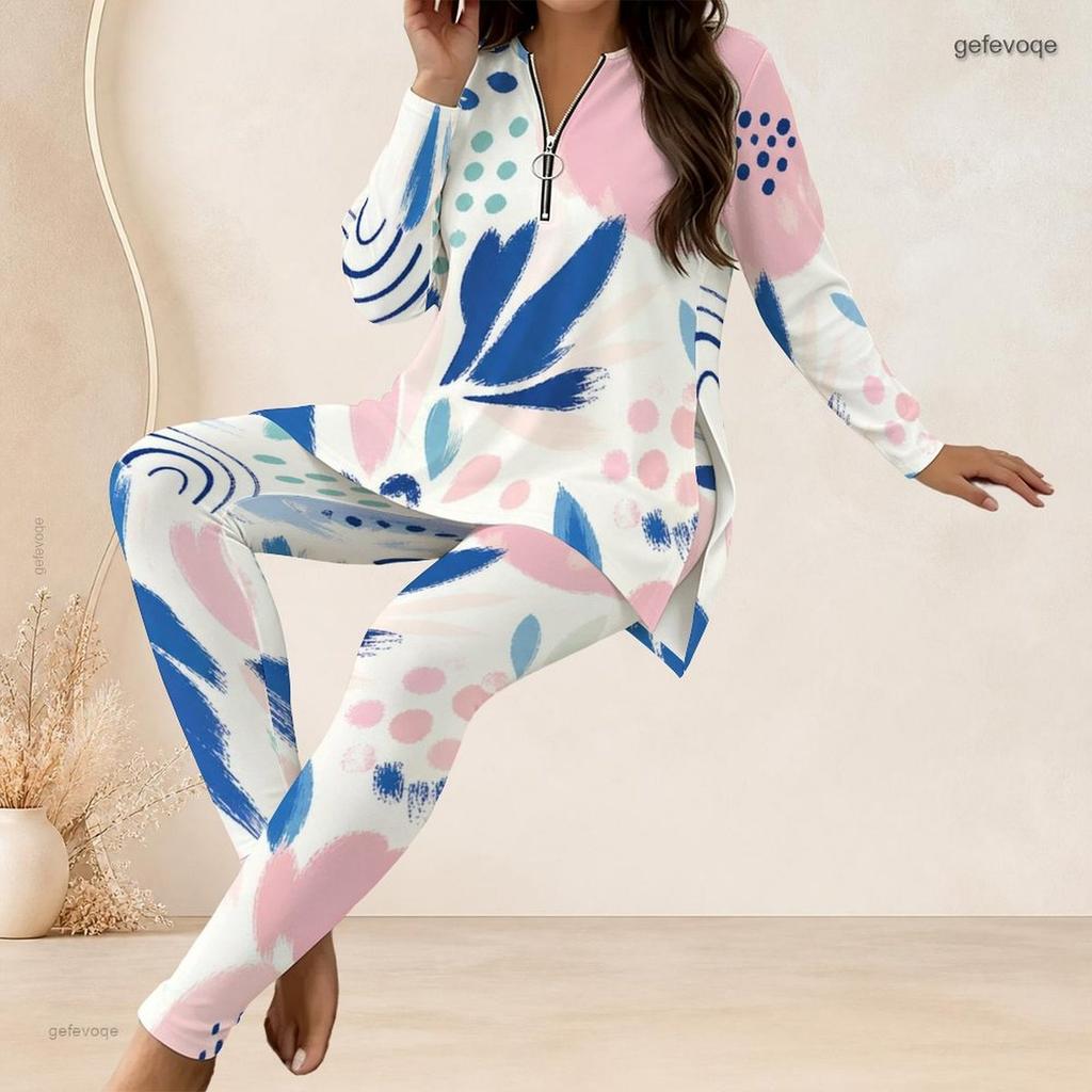 Women Plus Size Printed Half Zip Long Sleeve Longline Top Fitted Pants Two Piece Set