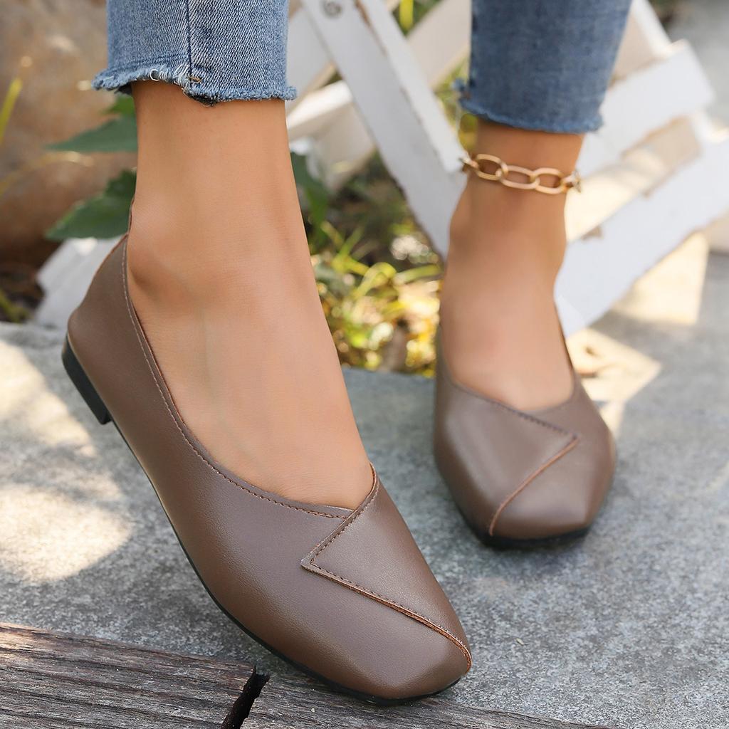 Women Square Head Flats Spring New Large Size Shallow Mouth Shoes Lightweight Comfortable Solid Color Casual Walking Loafers