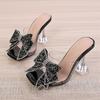 Fashion Luxury Crystal Bow High Heel Slippers Women Fashion Transparent PVC Thin Heel Slide Sandals Sexy Open Toe Banquet Dress Shoes