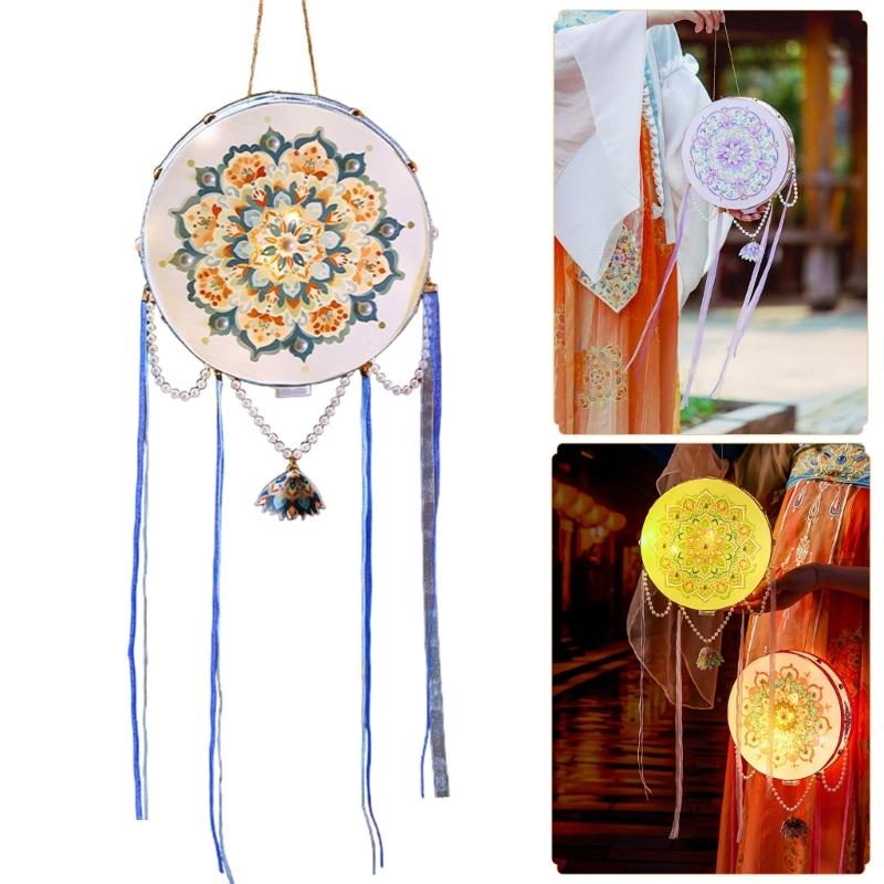 Floral Lantern with Pearls and Ribbon MidAutumn Festival Handheld Toy Kids Led Lights New Year Night Market Stall