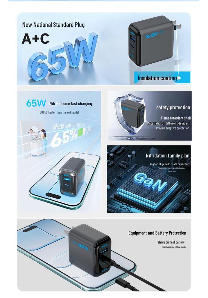 ZUZG 45W GaN Charger for 65W Huawei & Apple, Dual Port PD Fast Charging Adapter.