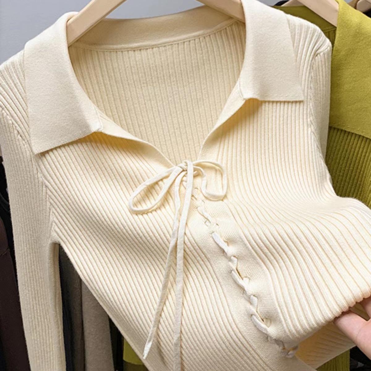 

Американский Ретро Лацкан Весна 2023 Приталенный Вязаный Топ - Женская Универсальная Рубашка на Завязках L [Recommended 105-115 lbs]