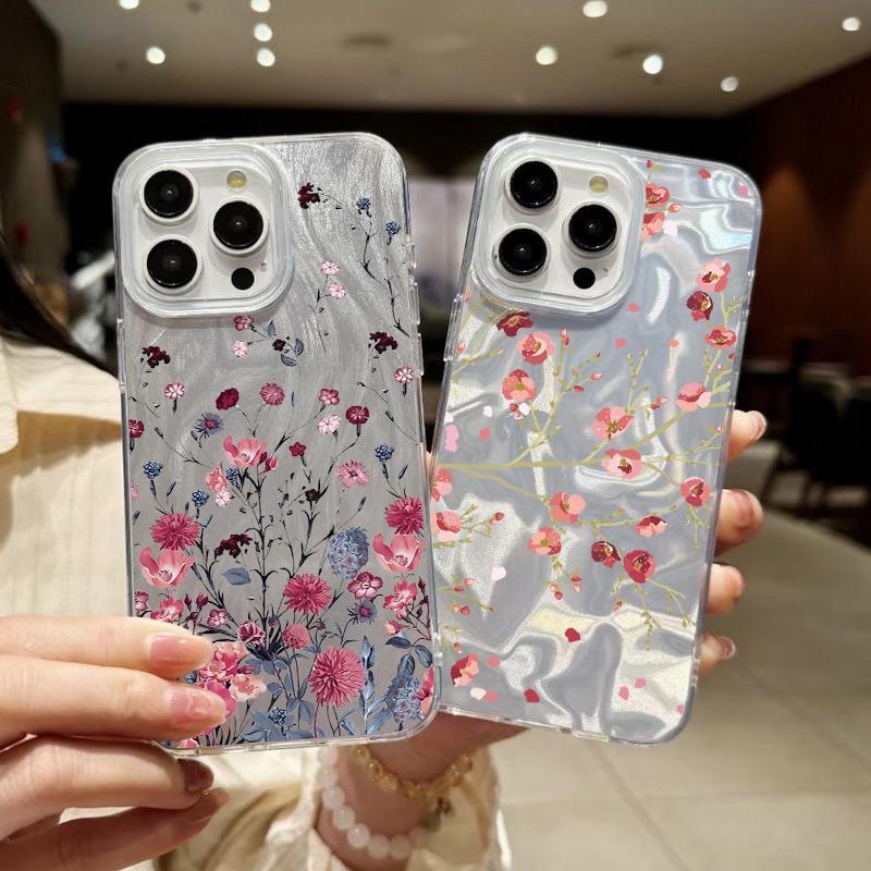 Floral Print Slim Glitter Phone Case For iPhone 16 Pro Max 15 14 Pro 13 12 11 Feather Sparkling Shockproof Clear Soft Edge Hard PC Back Cover