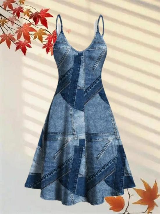 Abito da Donna alla Moda 2026 Estate Autunno con Stampa Denim Sintetico e Spalline Sottili