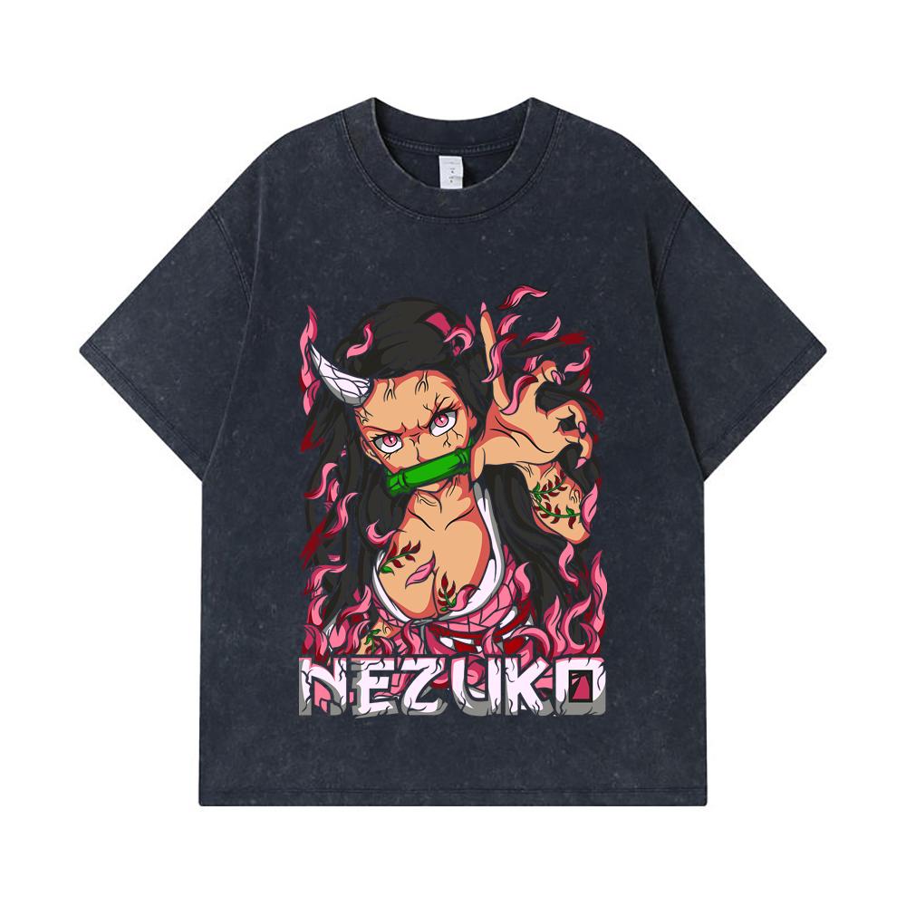 275 GSM Washed T-shirts 100% Cotton Demon Slayer V73 Nezuko Print Unisex Heavy Cotton T Shirt