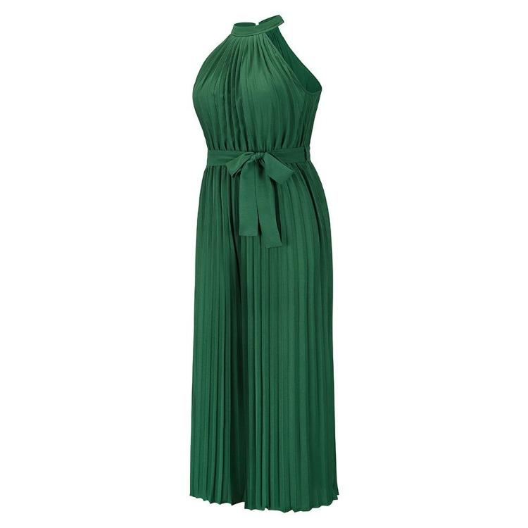 Women Summer Halter Sleeveless Lace Up Slim Wide Jumpsuit Pleated One Piece Trousers