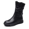 Women Boots Autumn Winter Plush Warm Mid Calf Boots Round Toe Zipper Pleated Thick Bottom Leather Cotton Boots