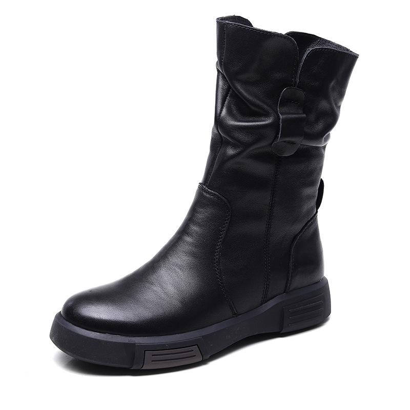 Women Boots Autumn Winter Plush Warm Mid Calf Boots Round Toe Zipper Pleated Thick Bottom Leather Cotton Boots
