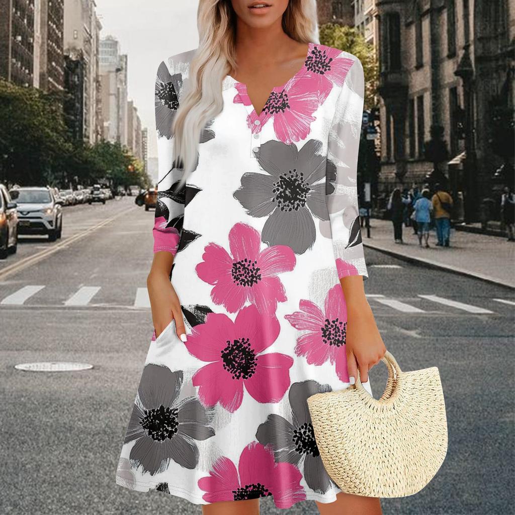 Women's Summer Dress Loose V Neck Three-quarter Sleeve Sundress With Pockets Dress