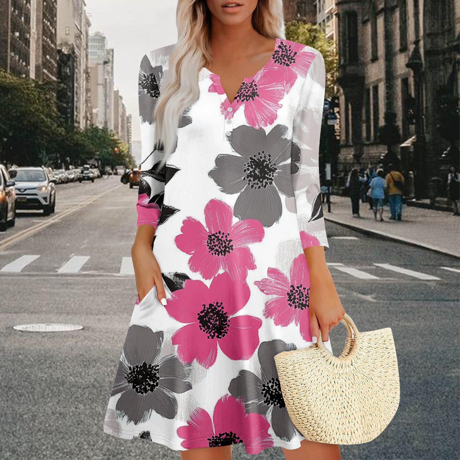 

Женское летнее платье, свободное платье с V-образным вырезом, рукавом три четверти и карманами L