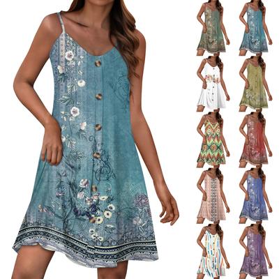 Damen Lässiges Sommerkleid mit Taschen Sommer Boho Strandkleid T-Shirt Kleid V-Ausschnitt Knöpfe Lockere Tankkleider