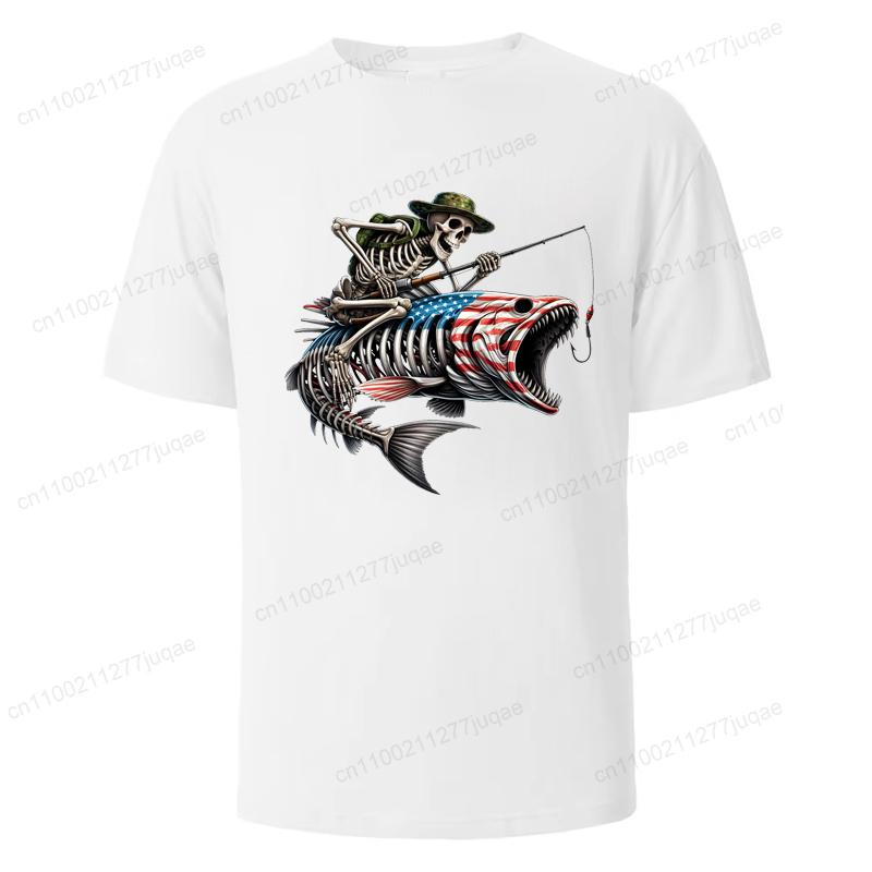 Herren Sommer T-Shirts Lockere Größe Angeln Jäger Print Lässig Bequem Rundhals Kurzarm T-Shirt Fischskelett Herren Top
