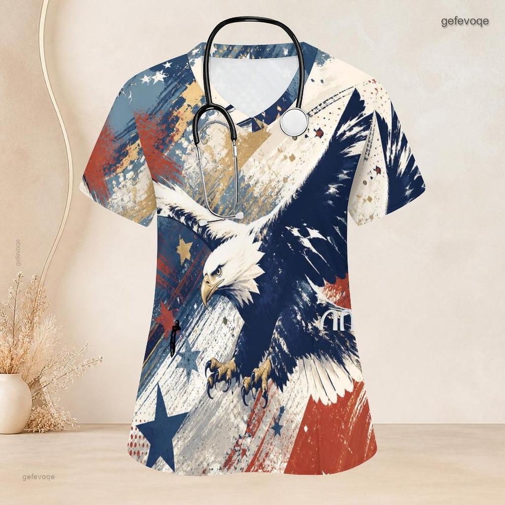 Women Plus Size V Neck Short Sleeve American Eagle Printed Nurse Scrub Top With Front Pockets