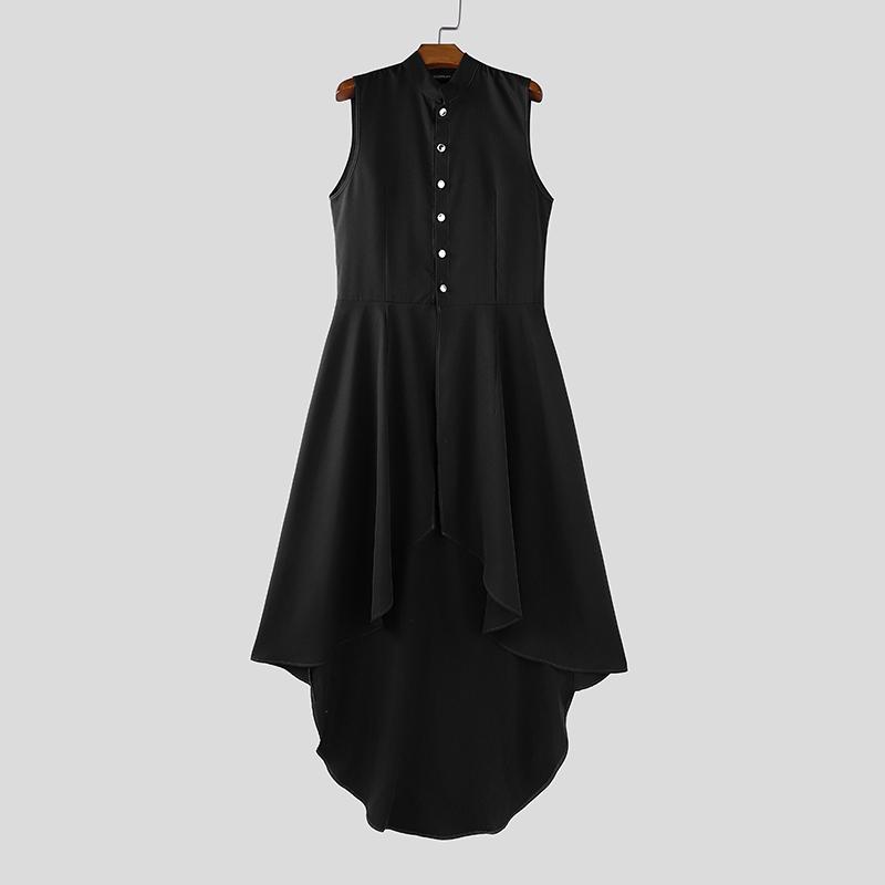 

INCERUN Мужские Топы-Жилеты Без Рукавов с Необычным Длинным Плиссированным Подолом и Воротником-Стойкой XL чёрный