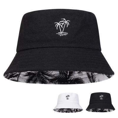 Unisex Coconut Tree Embroidery Double Sided Wearing Bucket Hats Fishermen Caps Outdoor Casual Cap Sunscreen Hat