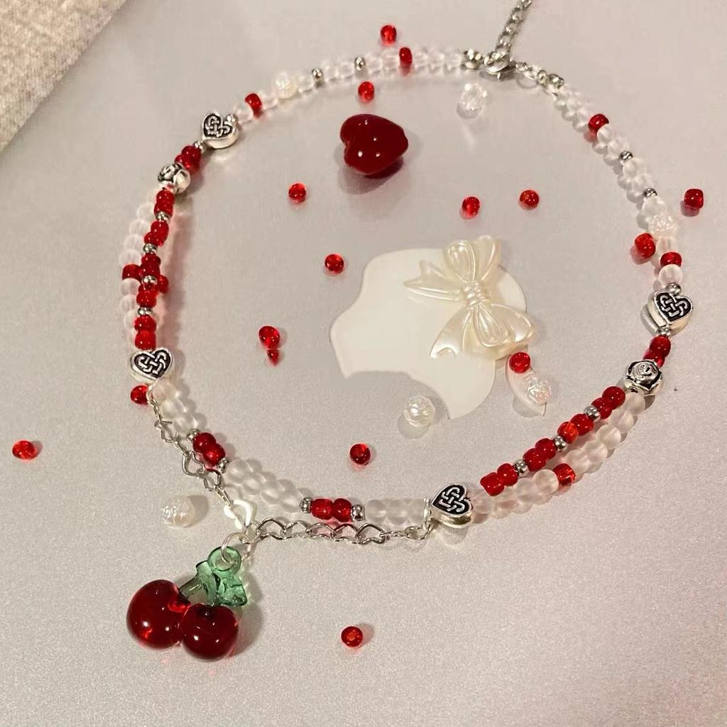 Love Cherry Beaded Necklace Female Summer Sweet Versatile Personality Sweet Cool Collarbone Chain Cute Girl Neck