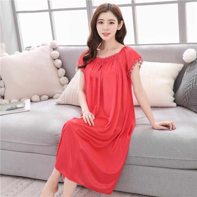 Long Nightdress Short Sleeve Loose Sleepswear New Hot Sexy Summer Womens Solid Color Sleepshirt Home Clothing Lace Ice Silk