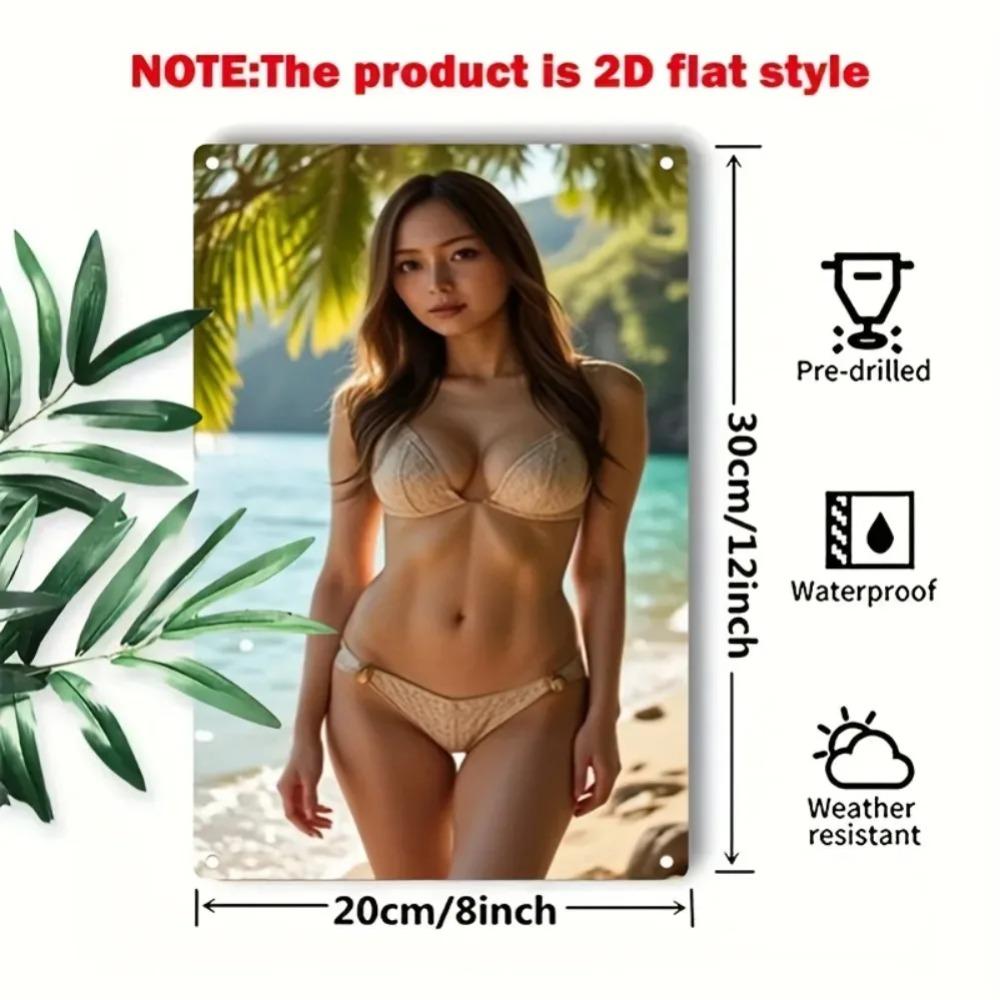 Blonde Bikini Lady Metal Wall Decor - Tropical Beach Palm Tree Art, Durable Iron Frame Easy Install for Home Cafe Bar