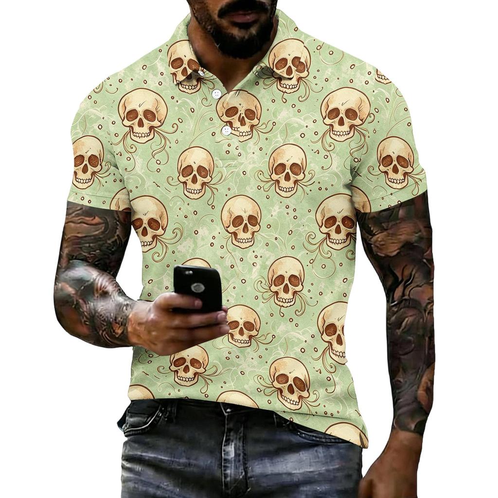 Unisex Loose Fit Casual Short Sleeve Polo Shirt with Halloween Skull and Print for Everyday Wear and Themed Events