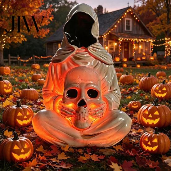 Handcrafted Sculpture for Indoor Tabletop Halloween Skull Light, Spooky Gothic Style Ornament, Waterproof Decorative Light Ornaments Garden Tabletops