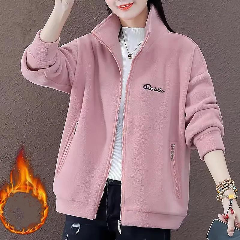 Женская осенняя флисовая теплая толстовка на молнии для улицы для бега спортивный кардиган с принтом букв топы XS розовый 2393₽