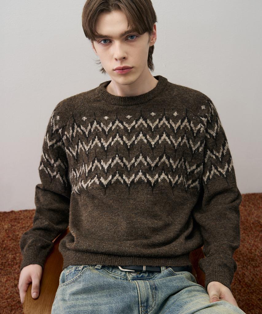 DRAW FIT Wool Hairy Nordic Crewneck Knit [Vintage Brown]