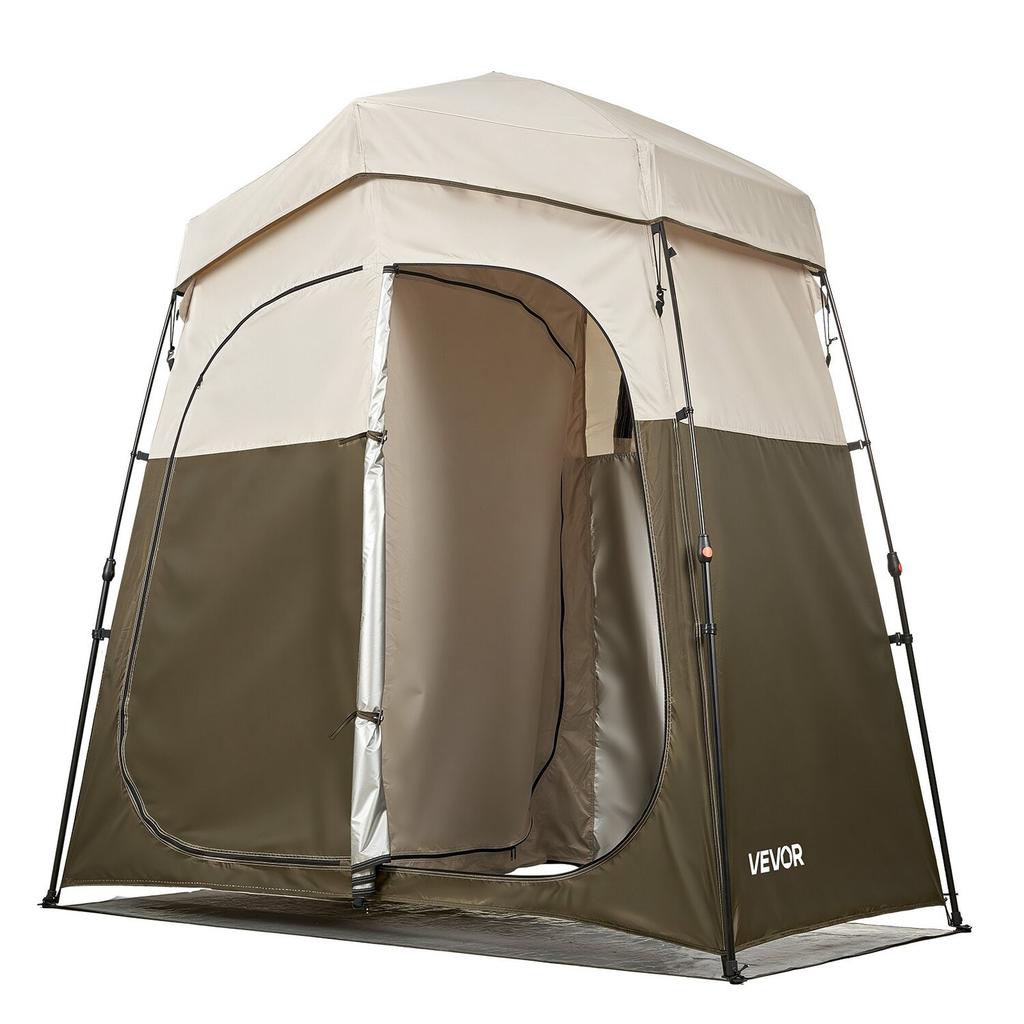 Camping Shower Tent, 2-Room Foldable Portable Privacy Tent Changing Room with Ground Stakes, Ropes, and Carry Bag, 150D Oxford Fabric with Silver