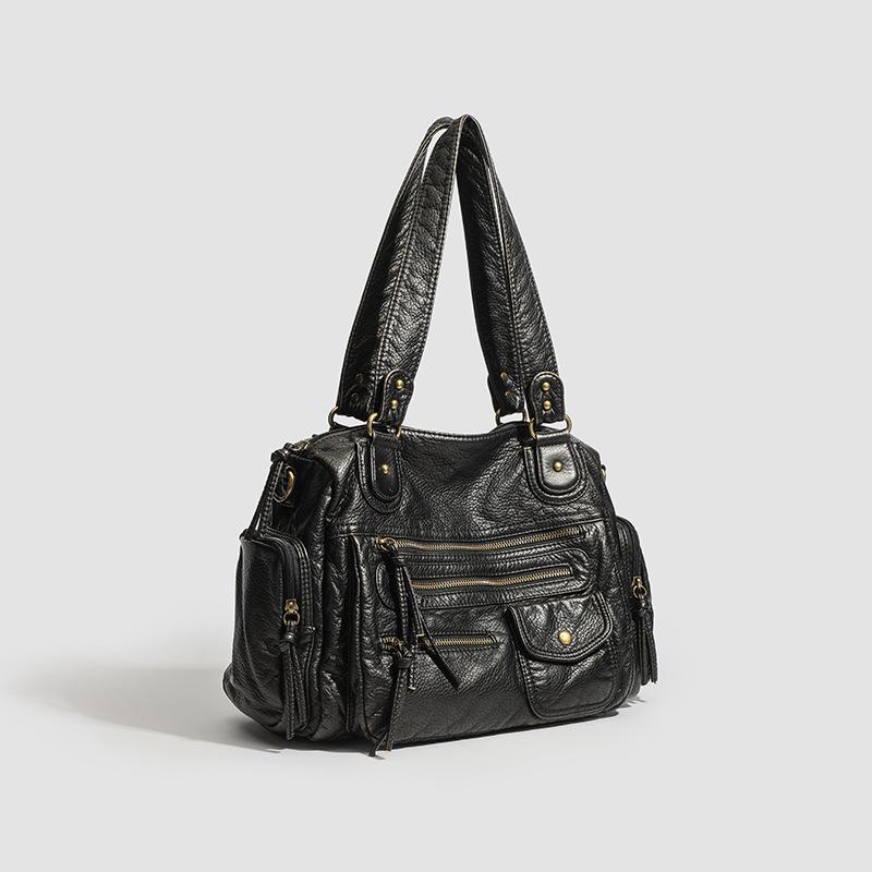 European and American Women's Fashionable Simple Washing and Old Hot Girl Motorcycle Bag Large Capacity Retro One Shoulder Crossbody Bag