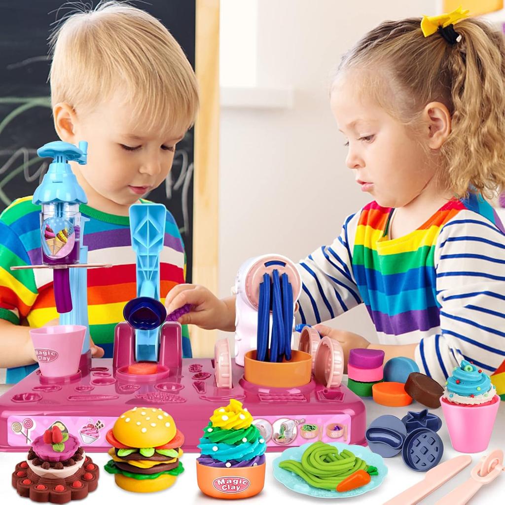 Playdough Sets for Kids Ages 4-8, 3 In1 Playdough Ice Cream 72 Pcs Toddlers' Play Kitchen Set Play Dough for Creations Making Noodle/Ice