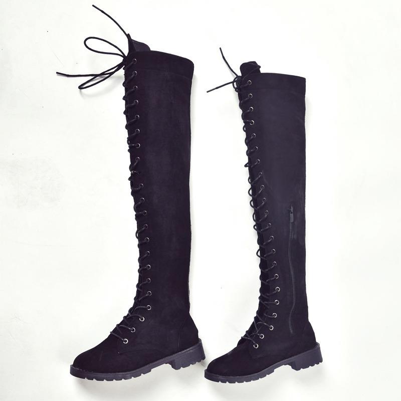 Herbst- und Winter-Neuheiten, runde Spitze, quadratischer Absatz, dünne Schnür-Kniestiefel, europäische und amerikanische Reiterstiefel, Damenstiefel