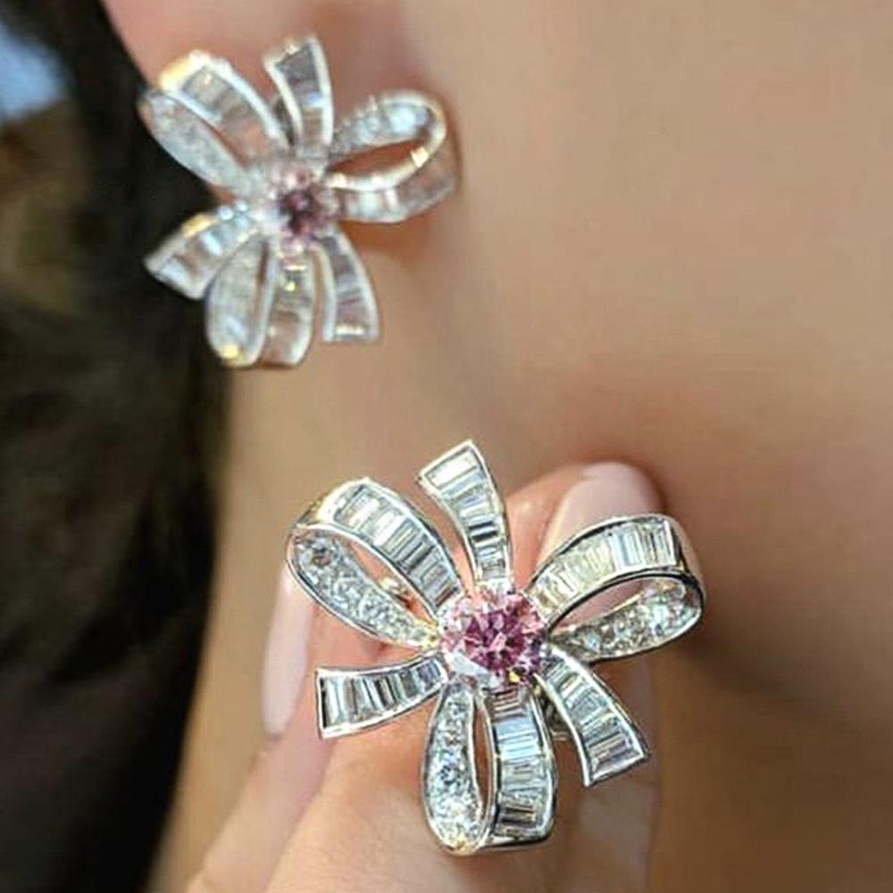 

Huitan Big Flower Piercing Earrings for Women Romantic Female Ear Accessory Dance Party Pink Flower Stud Earrings Trendy Zircon