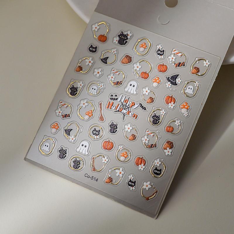 5D Embossed Halloween Nail Stickers Self Adhesive Nail Decals With Ghost Pumpkin Cat Mushroom Patterns Gold Trim Manicure Slider