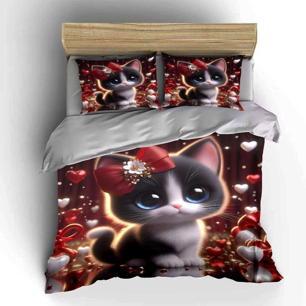 3Pcs Cute Cat With Heart Decorations Duvet Cover Set With 3D Printing Design Soft Polyester Bedding Set All-Season Comfort
