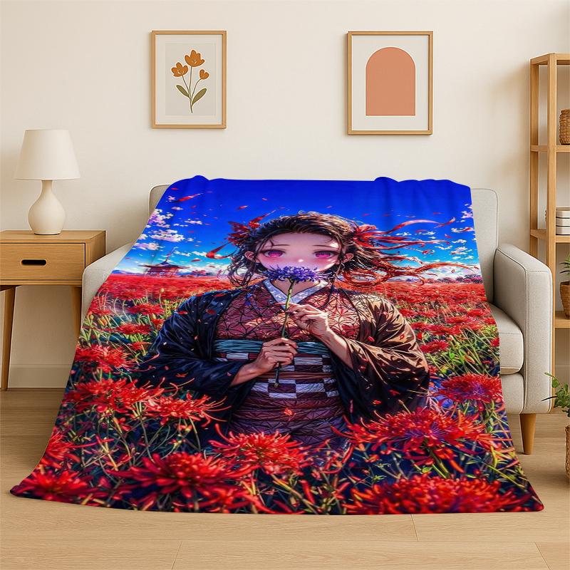 Cartoon Demon Slayer Anime Kamado Nezuko Tanjirou Flannel Blanket Soft Warm Throw Blanket for Bedroom Living Room Bed Travel