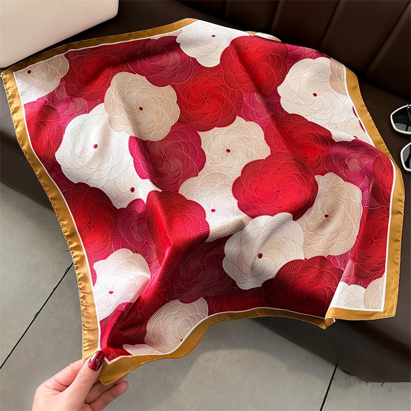 Ladies spring and summer Korean version imitation silk printing small square scarf silk scarf 71cm thin camellia sunscreen new scarf headscarf