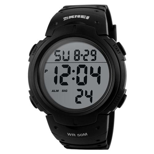 SKMEI Men's Large Dial Sports Watch, 5 ATM Water Resistant, Digital Display, LED Light, Date, Day of the Week, Calendar, Alarm, Plastic Strap, Black